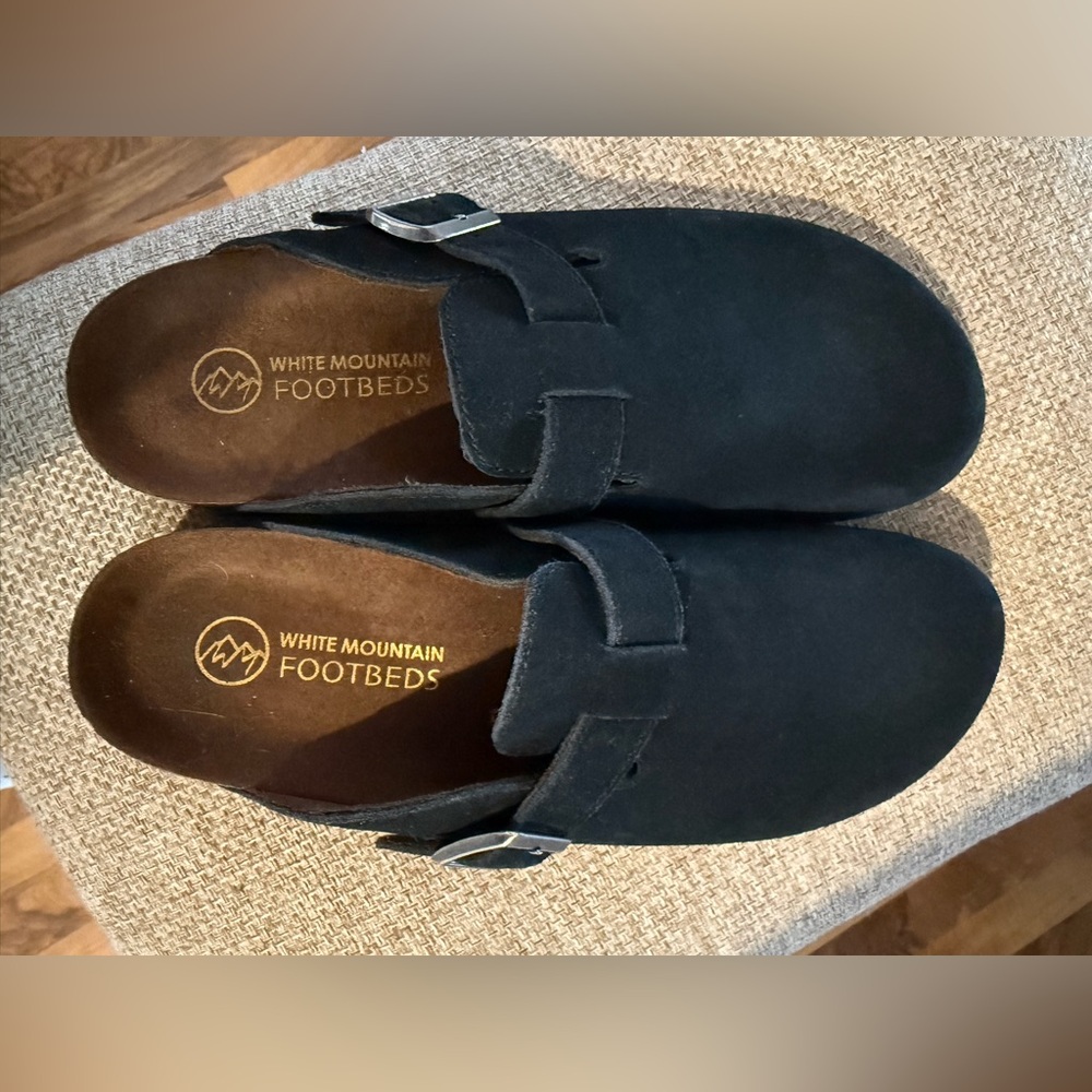 White Mountain Black Suede Mules with Metallic Buckle - Picture 5 of 7